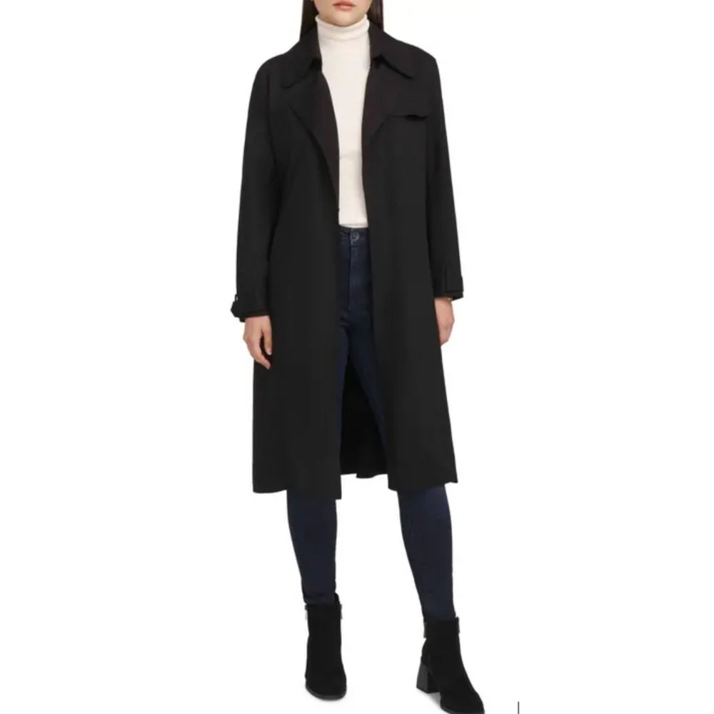 Gallery | Trench Coat Black Medium Long hiding Buttons Belt 100% polyester